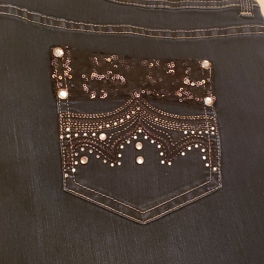 Chico's Jeans Platinum Dark denim Boot cut with Rhinstone pockets - Picture 4 of 9